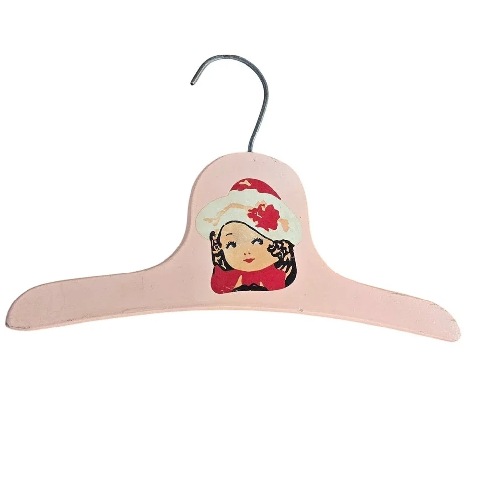 90yrsold VTG Pink Wooden Childrens clothes Hanger pink brunette girl collectible